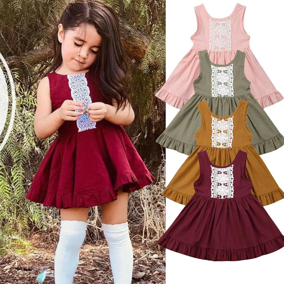 

2019 New Toddler Baby Girl Cotton linen Dress Sleeveless Ruffle Backless Lace Princess Party Dresses 1-6Y