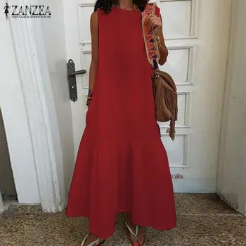 

2020 ZANZEA Women's Summer Sundress Ruffle Dress Kaftan Sleeveless Linen Maxi Vestidos Female Casual O Neck Beach Robe Plus Size