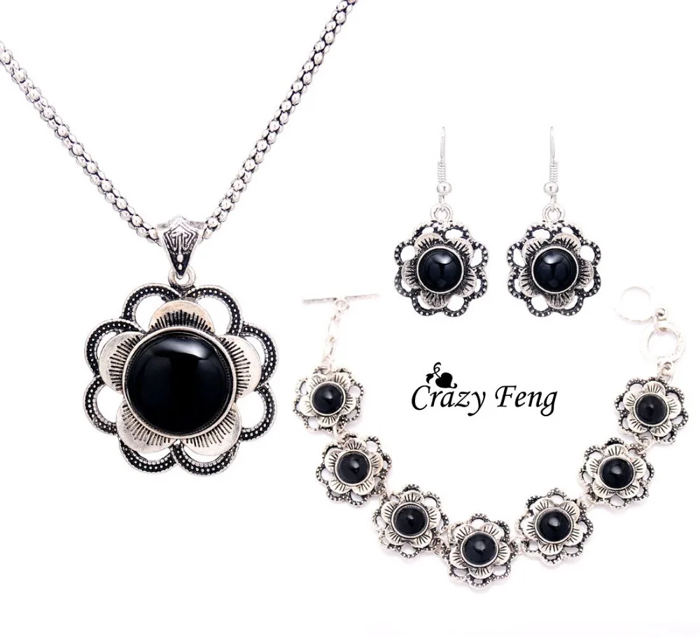 Crazy Feng Винтажные Ювелирные изделия из тибетского серебра каменное ожерелье с подвеской из кристаллов в виде цветка браслет серьги Ювелирные наборы для женщин