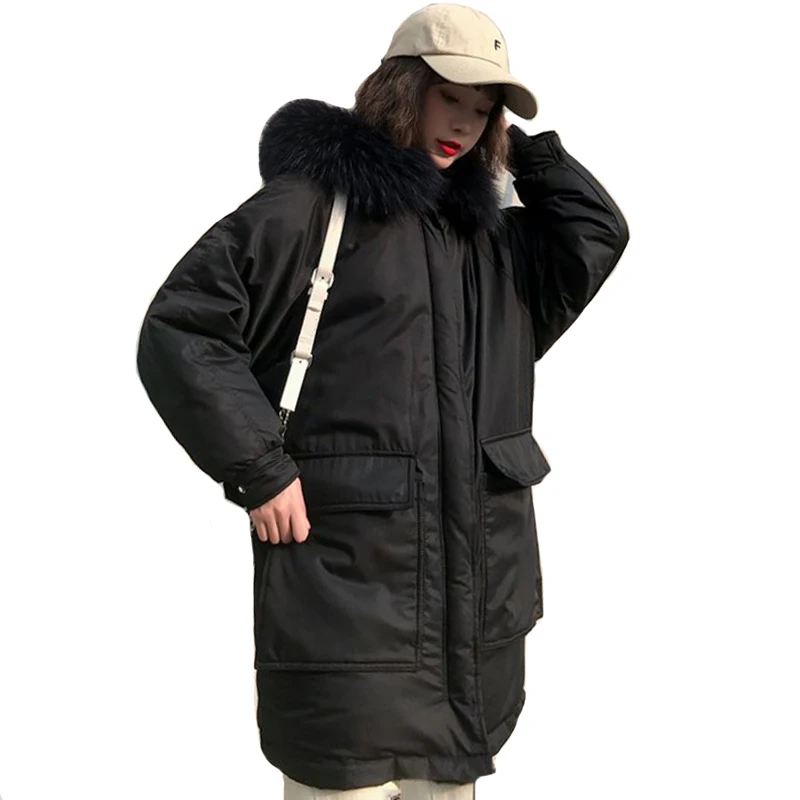 

Korean Style 2019 New Women Winter Jacket Hooded With Fur Warm Thicken Female Coat Long Oversized Loose Parka Outwear