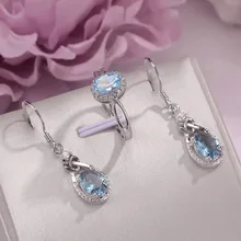 Ювелирные наборы для женщин, 925 серебро, натуральный голубой топаз, драгоценный камень, кольцо, висячие серьги, 2 шт., простые Bijoux аксессуары CCS010
