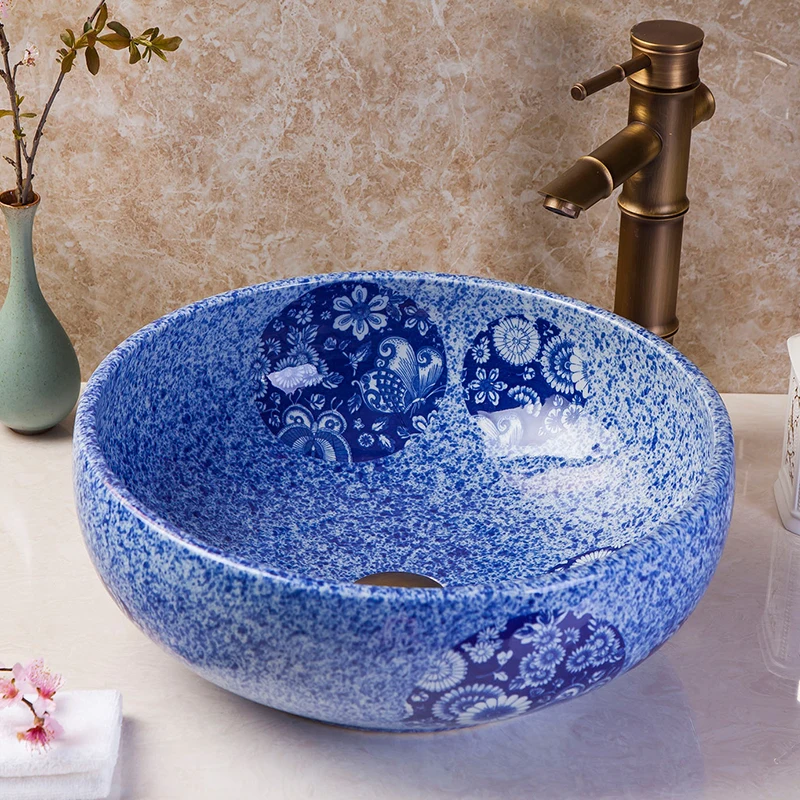 Blue And White China Artistic Handmade Ceramic wash basin Lavobo Round