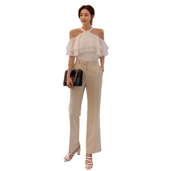 

Foamlina Eleant Ladies Pants Suits Summer Halter Neck Cold Shoulder Ruffles Chiffon Blouse Ankle Length Trousers Two Pieces Sets