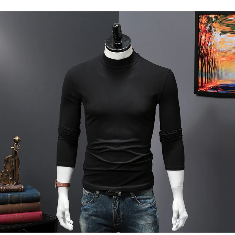 2018 New Arrival Spring Fall long sleeve t shirt men Turtleneck causal fashion young 100% cotton T Shirts Tops Tees Plus Size (14)