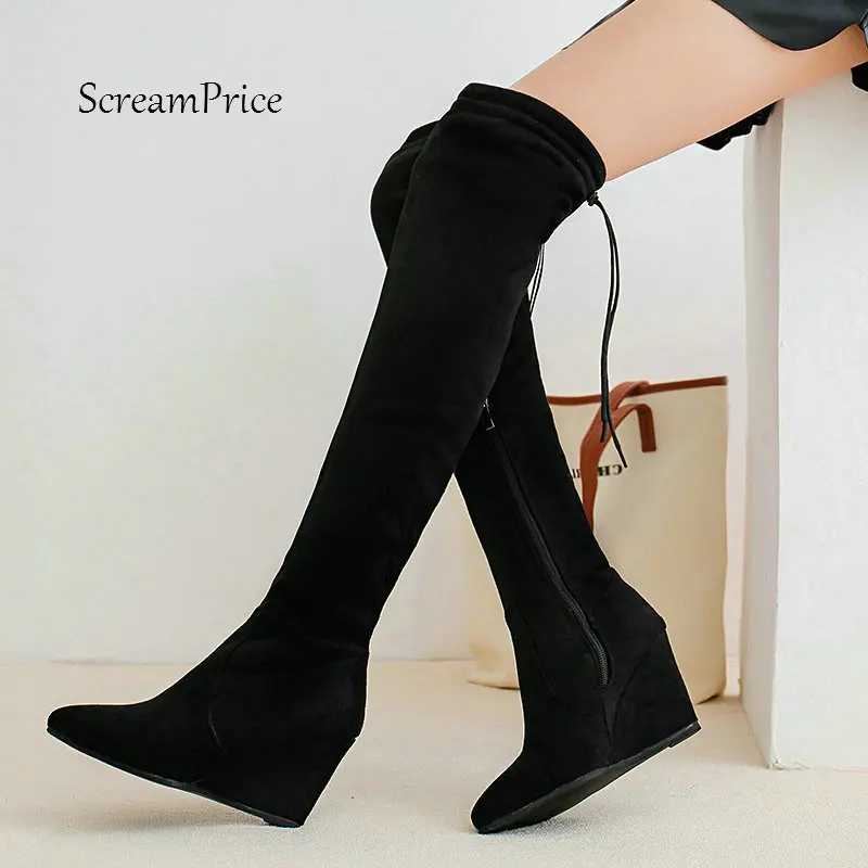 

Woman Wedges High Heel Zipper Flock Over The Knee Boots Pointed Toe Lace Up Winter Stretch Boots Fashion Thigh Boots Black