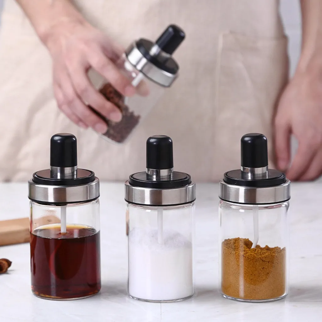 

Transparent Kitchen Supplies Glass Seasoning Bottle Salt Storage Box Spice Jar For Salt Sugar Pepper Powder With Spoon4.76