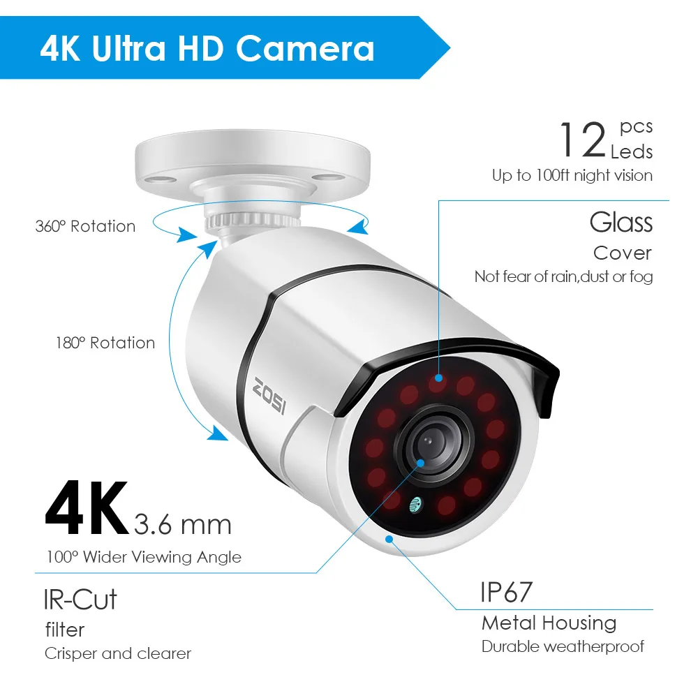 ZOSI 4K Ultra HD система видеонаблюдения 4 канала H.265+ 4K видео Dvr с 2 ТБ HDD и 4x4 K(8MP) Ip67 Пуля Всепогодные Камеры