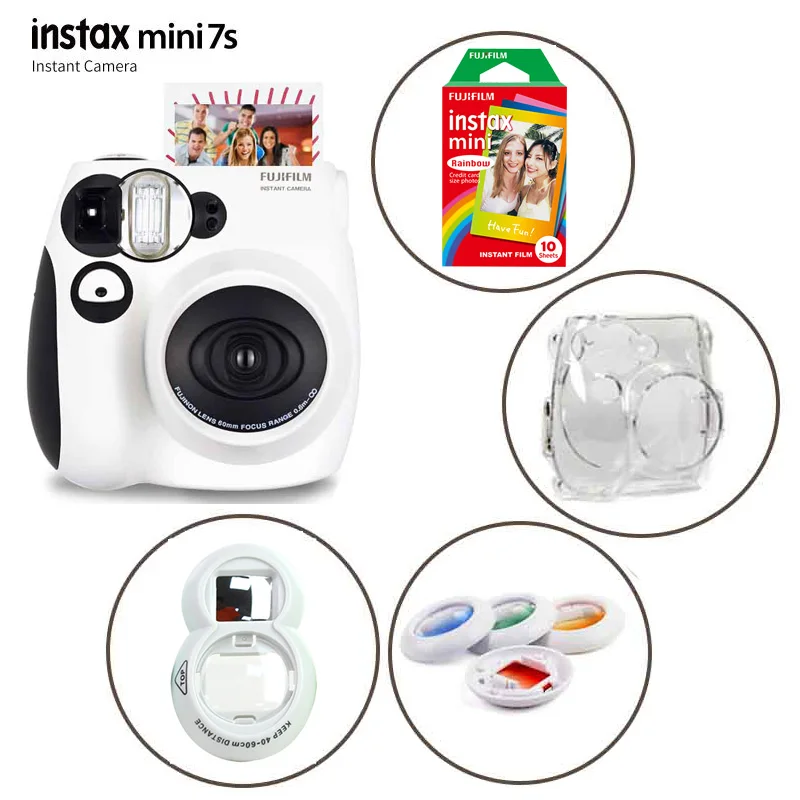 Подлинная Fuji Fujifilm Instax Mini 7s мгновенная камера и камера набор с монохромной мини-пленкой, селфи объектив, цветные фильтры, чехол - Цвет: Panda Black Set