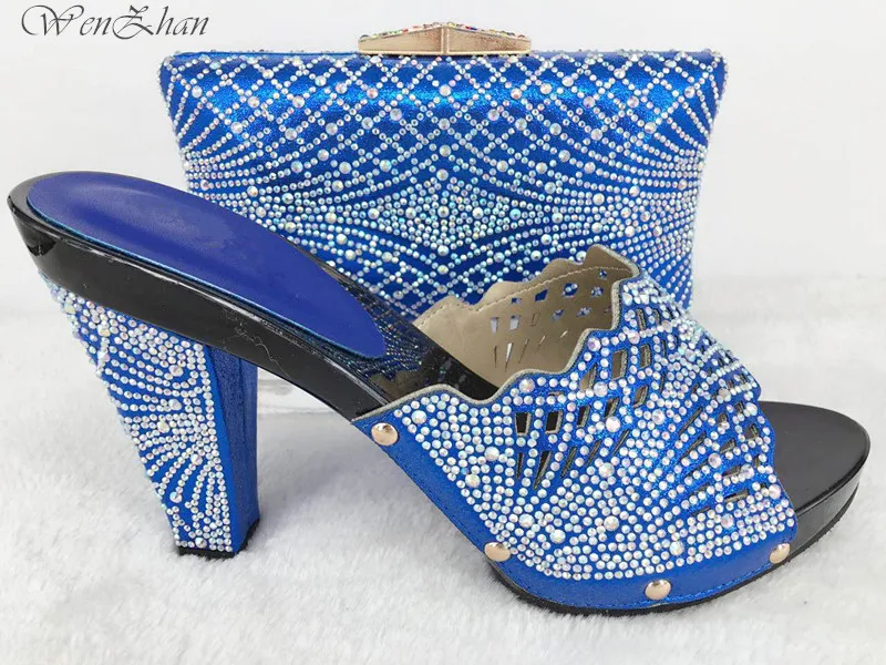 

African Wedding Party Shoes And Bag Set Free Shipping Beauty Crystal Heels Pumps Matching Bag Royalblue Wenzhan Shoes T0711-12