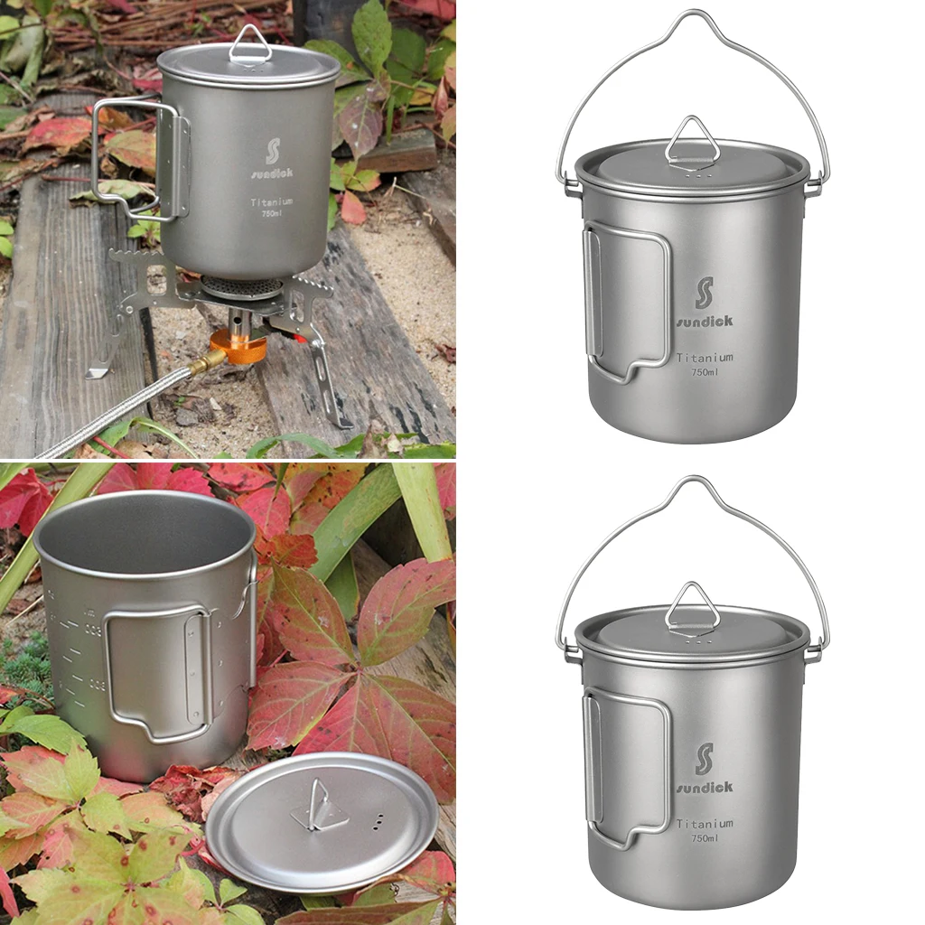 

2pcs 2 in 1 Titanium Pot Portable Camping Hiking Cookware Water Mug Tea Coffee Cup with Hanging Hook