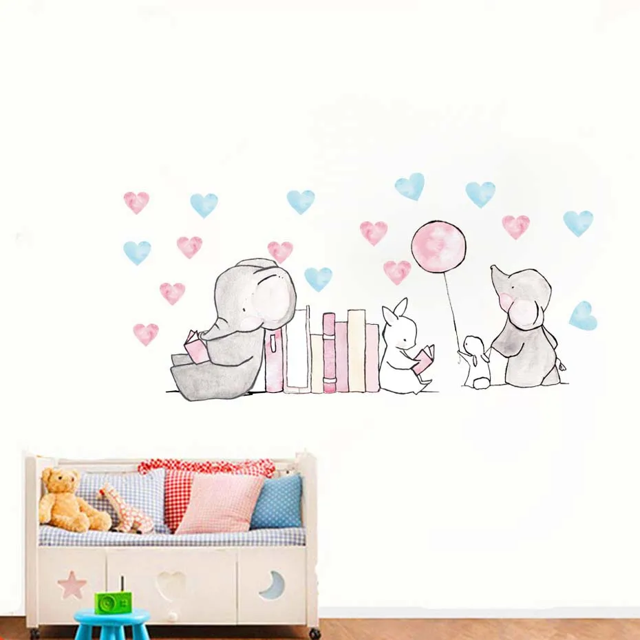 Cartoon Animals Stickers On The Wall Funny Elephant Decals For Kids Baby Bedroom Home Decor Vinyl Removable Rabbits Heart Art (4)