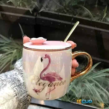 

2019 Simple Nordic Pearlescent Glazed Mark Cup Cherry Blossom with Covered Spoon Flamingo Ceramic Cup Office Women's Coffee Cup