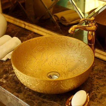 

Gold Procelain Europe Vintage Style Art wash basin Ceramic Counter Top Wash Basin Bathroom Sinks vessel bathroom sinks