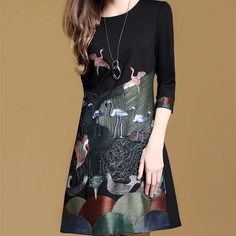 Zarachiel, высококачественное платье с вышивкой, женское Повседневное платье с круглым вырезом, цветочной вышивкой и птицей, тонкое винтажное черное платье трапециевидной формы размера плюс