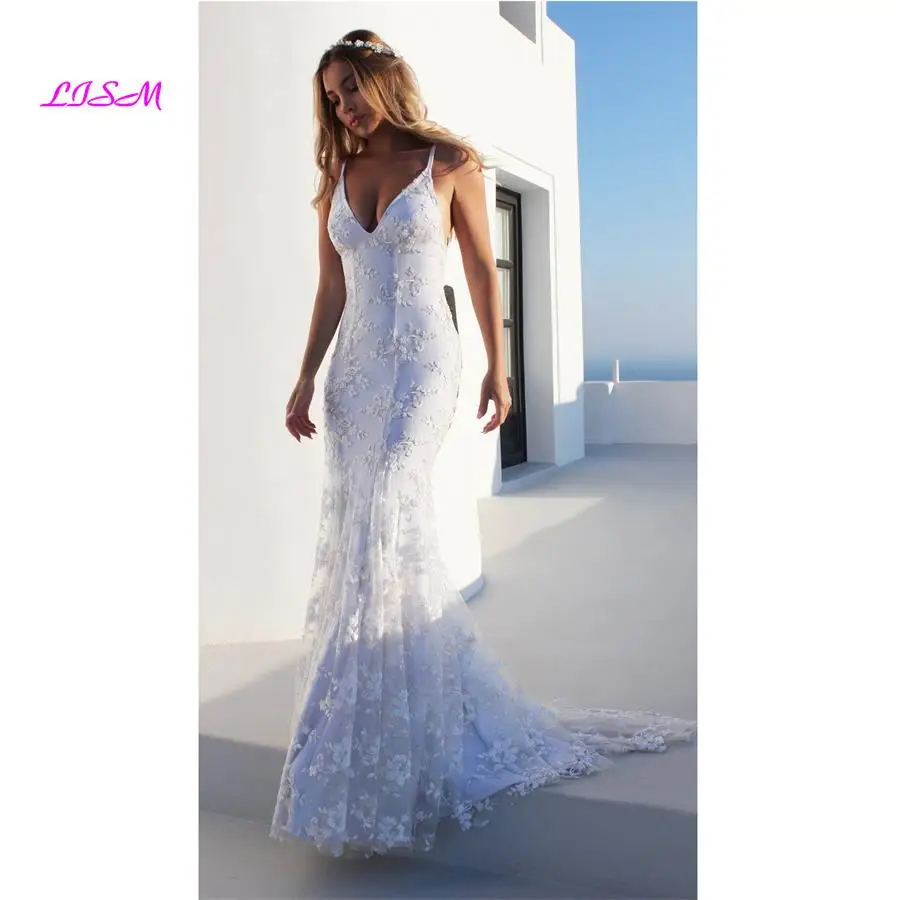 

LISM 2019 Summer Beach Boho Wedding Dress with Spaghetti Straps White V-neck Low Open Back Sweep Train Mermaid Wedding Dresses