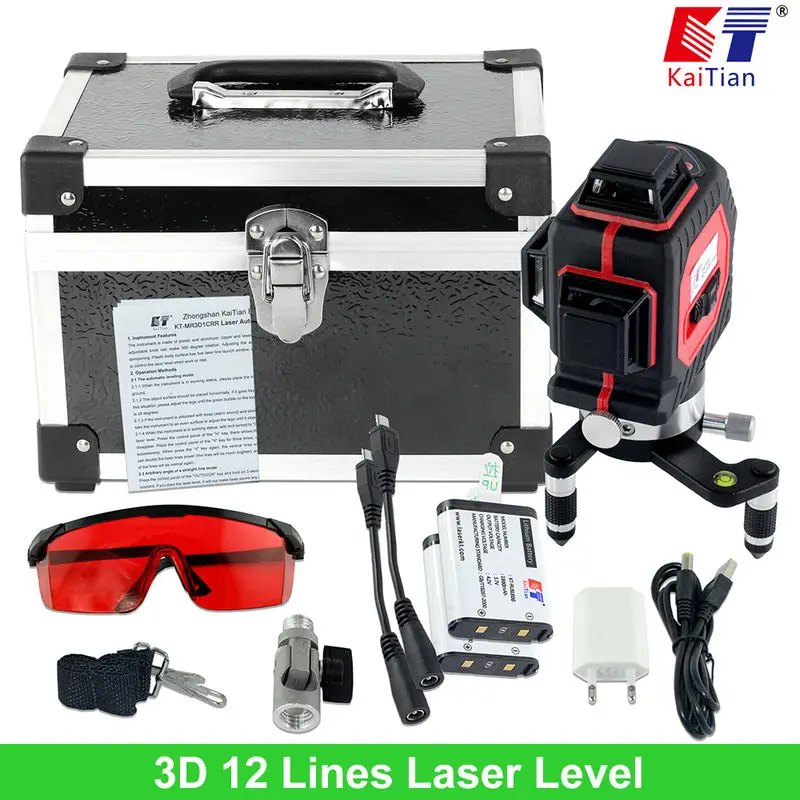 KaiTian Laser Level 12 Line Battery with Slash Function 360 Rotary Self Leveling Outdoor 650nm EU Vertical & Horizontal Lasers