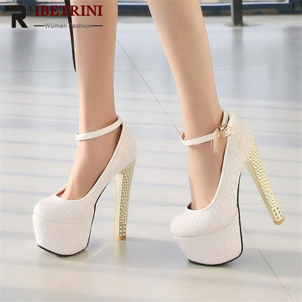 

RIBETRINI Sexy Plus Size 33-48 Women Pumps Sequined Cloth Thick Platform 15.5cm High Heels Party Pumps For Ladies Shoes Woman
