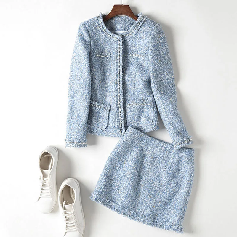 

2 Piece Runway Suit Set Skirt Tweed Sets Women O-neck Beading Pearls Wool Short Coat Lady Office Wear+Bodycon Mini Skirt A133