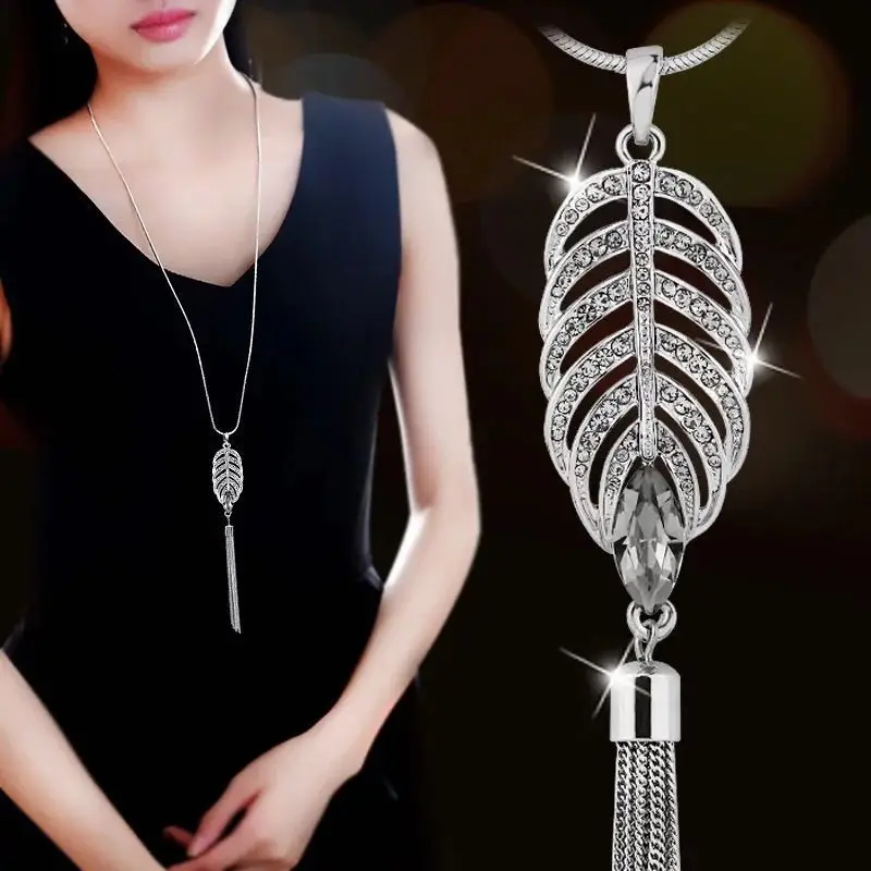

RAVIMOUR New Long Chain Tassel Necklaces for Women Trendy Leaf Feather Crystal Statement Necklaces Pendants Jewelry Choker Colar