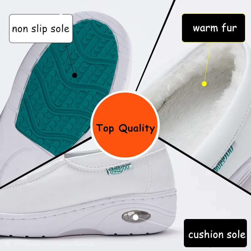 YAERNI Air Cushion White Nurse Shoes Winter Flats Platform Sneakers Warm Moccasins with Fur Slip on Loafers Cotton Shoes