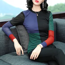 Европа Новинка Осенняя женская уличная модная футболка с круглым вырезом и длинными рукавами разных цветов Топы женские сексуальные тонкие лоскутные рубашки хит