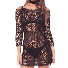 New Sexy Black Knitted Crochet Tunic Beach Cover Up Backless Hollow Out Lace Up Beach Dress Beachwear Swimwear Women One Size black one shoulder backless lace up details sweater dress