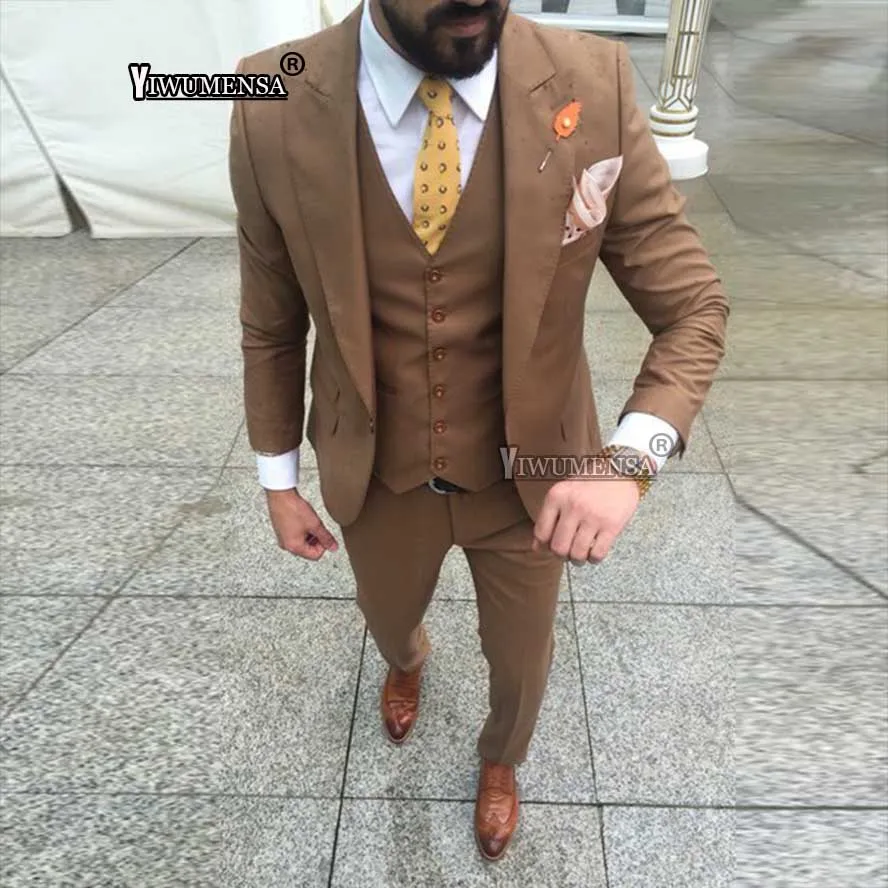 casual blazer for men YIWUMESA Brown Business Formal Men Suits Blazer Masculino 3 Pieces Jacekt+Vest+Pants Custom Made Slim Fir Tuxedos Male Clothing men's blazers Suits & Blazer