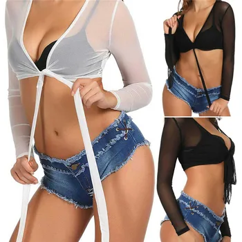 

2019 Summer Sexy Women Bikini Cover-up Clothes Mesh See-through Long Sleeve Solid Bandage Swimming Suit Costume
