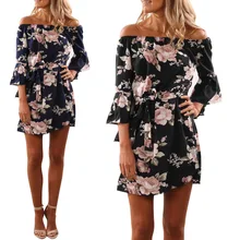 Women Floral Print Dress Sexy Shoulder Sashes Boho Beach Dresses Flare Sleeve S-XL Plus Large Size Short Dress trendy short sleeve floral print women s dress for women