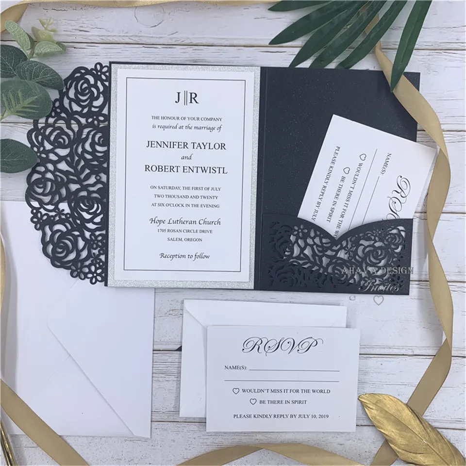 

Pearl Black Laser Cut Wedding Invitations With RSVP card, Belly Band & Envelope