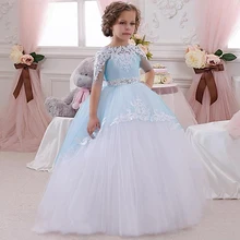 Hot Robe Blue Flower Girl Dresses Ball Gown Crew Neck Ankle Length Bow Sash Short Sleeves Patchwork Long First Communion Dresses