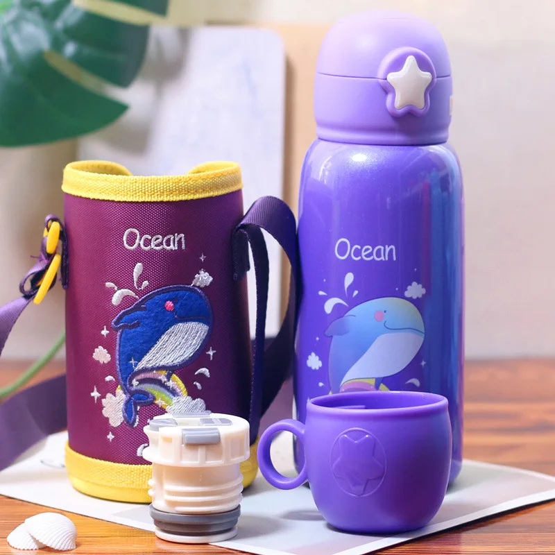 purple Мультяшный портативный детский чайник с соломинкой из нержавеющей стали вакуумная колба студенческий термос с сумкой бутылка для детей - Цвет: purple