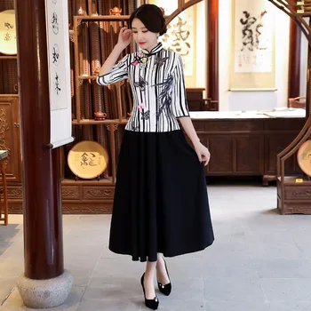 

New Summer Womens Blouse Skirt Sets Traditional Chinese style 2pc Shirt Mandarin Collar Cheongsam Lady Qipao Dress Size S-XXXL