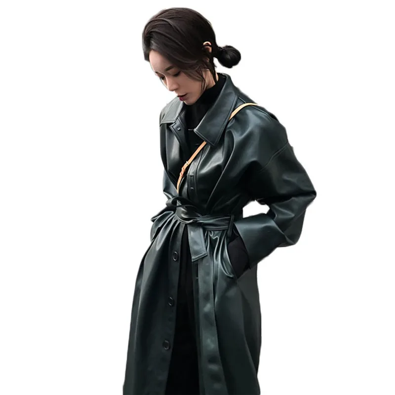  WSYORE Cool Leather Long Jacket 2019 New Spring Women Loose Belt PU Leather Windbreaker Trench Coat
