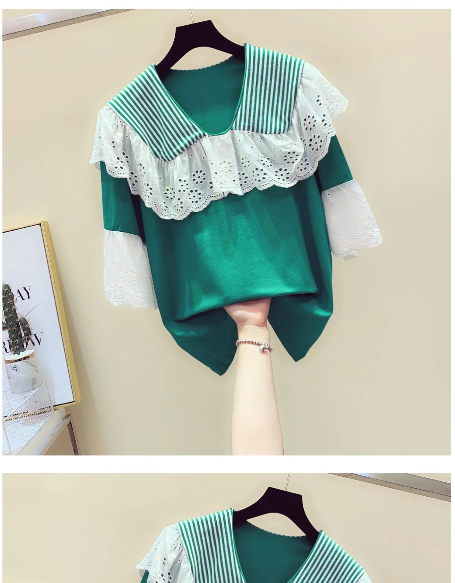 NANCYLIM Модная рубашка тянуть Blusas для женщин Лето г. Полосатый Цвет шить листьев лотоса с боковыми лацканами зеленый футболк