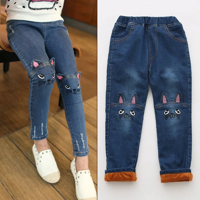 

Winter Girls Jeans Thicken Girls Warm Kids Trousers Elastic Waist Demin For Girl Leggings Fashion Cartoon Cat Girls Jeans Pants