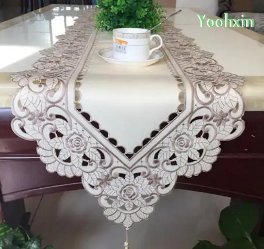 

Luxury Embroidery table runner cloth cover satin fabric lace placemat Christmas tablecloth mantel nappe doily for wedding decor