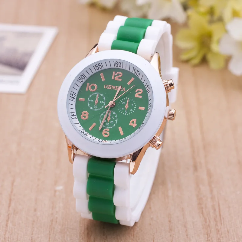 CAY Geneva часы Женские Классические Силиконовые кварцевые часы для женщин смешанные цвета платье браслет часы Relogio Feminino - Цвет: Зеленый