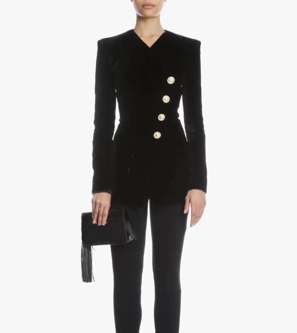 

TOP QUALITY BLACK NAVY VELVET BLAZER WRAP V-NECK SINGLE BREASTED GOLD BUTTON UP LONG SLEEVED FITTED TOP 2019