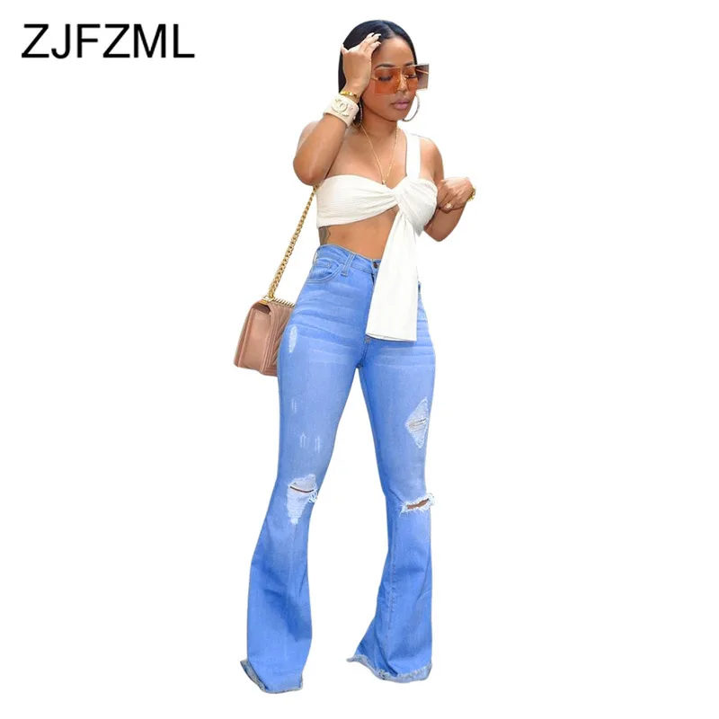 

High Elastic Casual Jeans For Women Fashion High Waist Blue Denim Bell-Bottomed Pant Sexy Female Washes Stretch Hole Trousers