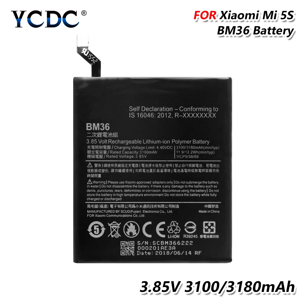 

YCDC 1PC Rechargeable 3.85V 3100/3180mAh BM36 BM 36 Lithium Li-ion Rechargeable Battery For Xiaomi Mi 5S (Xiaomi 5S/Xiaomi Mi5S)