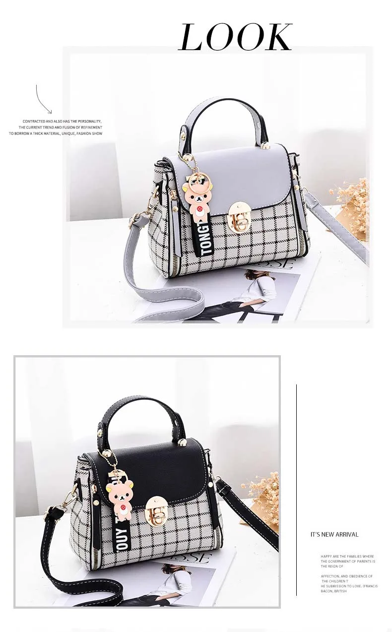 Women PU leather Plaid Bucket Handbag Fashion Panelled Small Printing Crossbody Shoulder Bag Female Elegant Bear Tote Purse Bags (8)