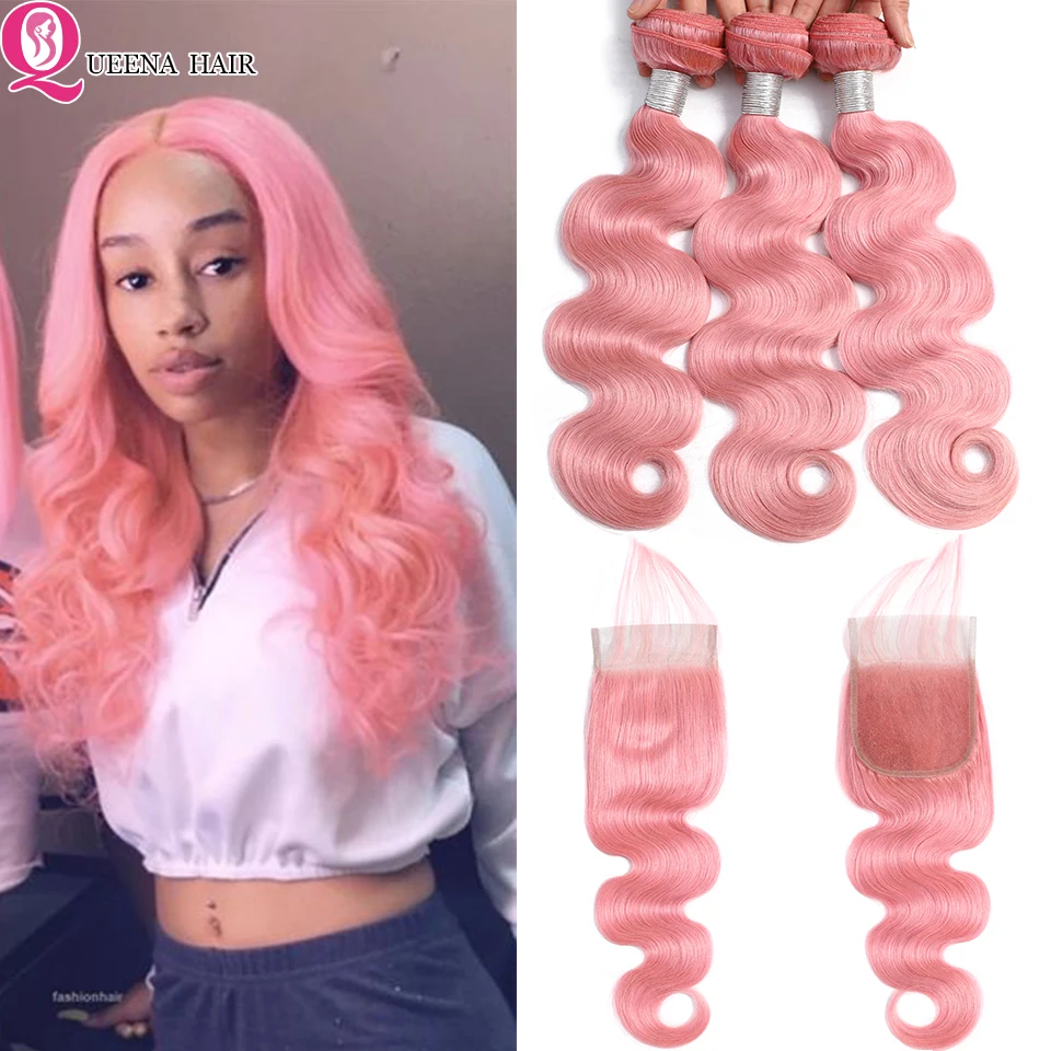

Queena Pink Bundles With Closure Body Wave Colored Brazilian Human Hair Weave Bundles With 4X4 Lace Closure Remy Hair Extensions