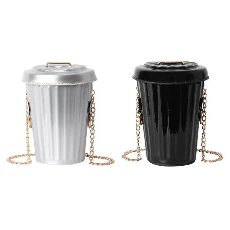 

Leather Waterproof Messenger Bag for Women Creative Trash Can Chain Handbag Fashion Black Silver Casual Zipper Shoulder Bag Z70