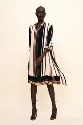 2018 vestidos feminina платье английский стиль полосатый Пояса Лук шнурок с отложным воротником миди платье vestido Женщины 0816