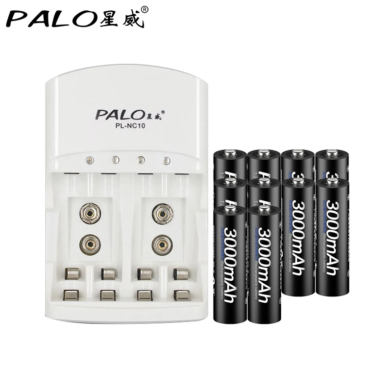 

PALO 4 slots NC10 LED display smart fast battery charger for AA AAA rechargeable battery + 10pcs AA 3000mah rechargeable battery