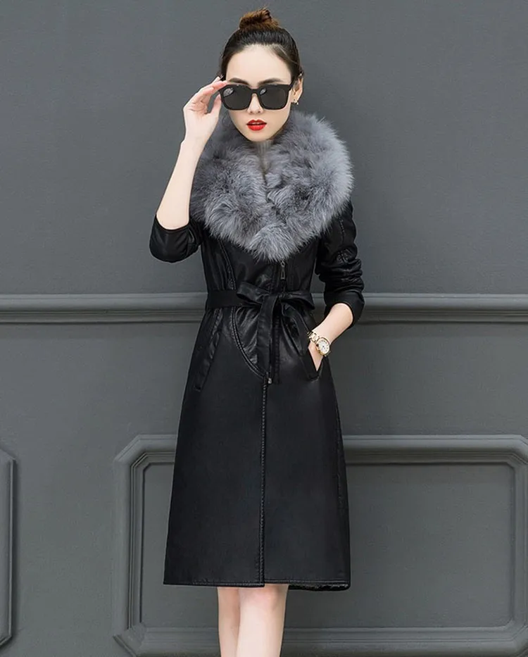 Black Gray Зимние толстые теплые женские кожаные куртки с большим меховым воротником, женские пальто из искусственной кожи размера плюс, тонкий ремень с отворотами из искусственной кожи PY23 - Цвет: Black Gray