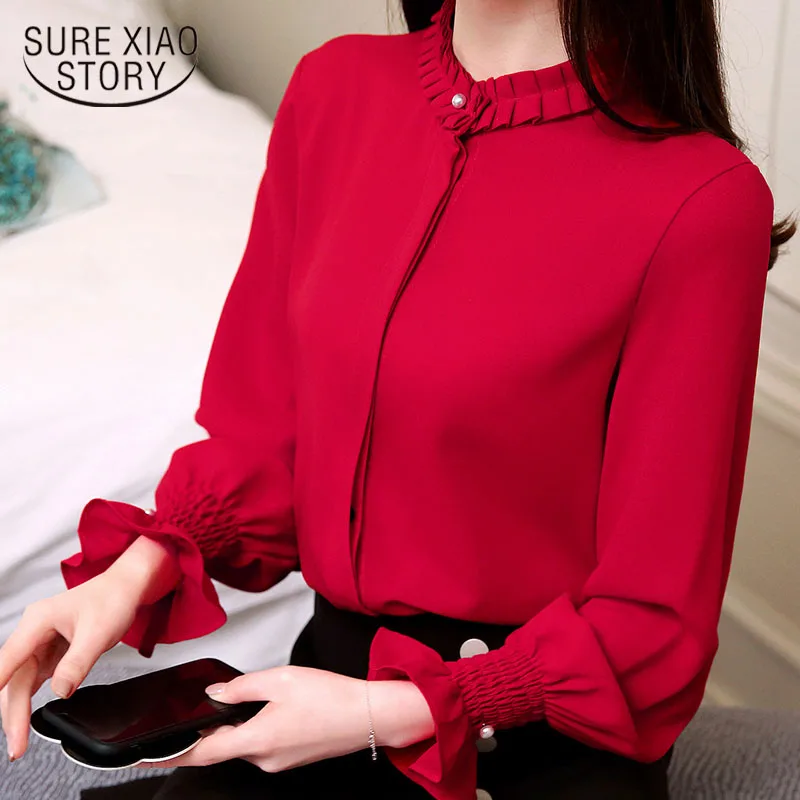 

2018 fashion women blouse Red sweet chiffon shirt long-sleeved bottoming women top autumn and winter solid slim blusa 1016 40
