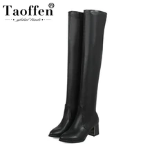 Taoffen/новые зимние сапоги до бедра женские теплые сапоги выше колена однотонная обувь на толстом высоком каблуке Женская обувь; размеры 34-43