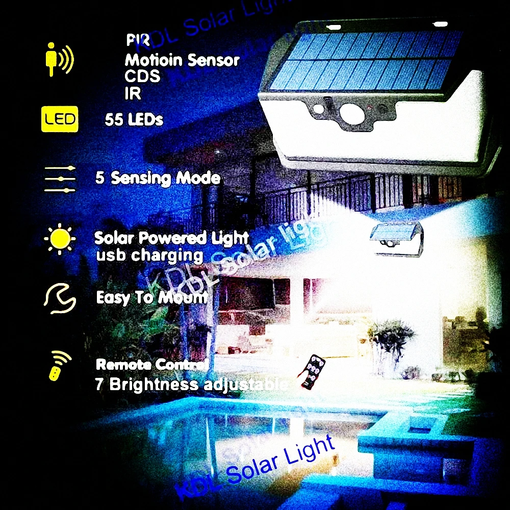 

55 LED 900lm Solar Light remote control radar smart 3 side lighting Great Solar Light Microwa IP camp street wall lamp yard ca